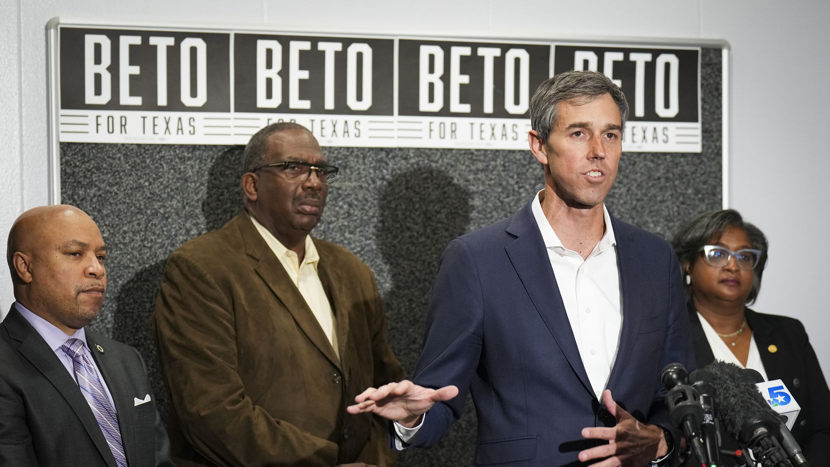 Democratic candidate for governor Beto O'Rourke is flanked by (from left) State Rep. Carl Sherman, State Sen. Royce West and State Rep. Rhetta Bowers as he addresses a press conference after meeting with Black elected leaders at Paul Quinn College on Monday, Feb. 7, 2022, in Dallas.(Smiley N. Pool / Staff Photographer)