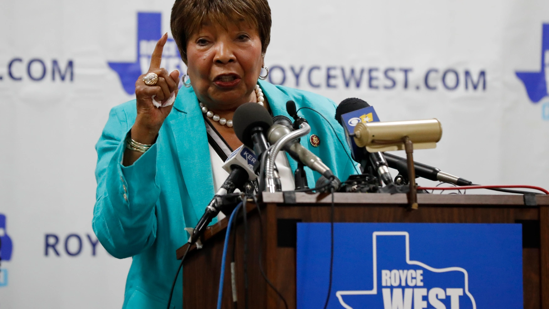 Rep. Eddie Bernice Johnson, D-Texas, makes comments as she introduces State Senator Royce West at a rally where West announced his bid to run for the US Senate in Dallas, Monday, July 22, 2019. Johnson says she won’t seek re-election in 2022 after 30 years in Congress. The 85-year-old trailblazing Black Democrat made her announcement Saturday, Nov. 20, 2021 in Dallas. (AP Photo/Tony Gutierrez, File)